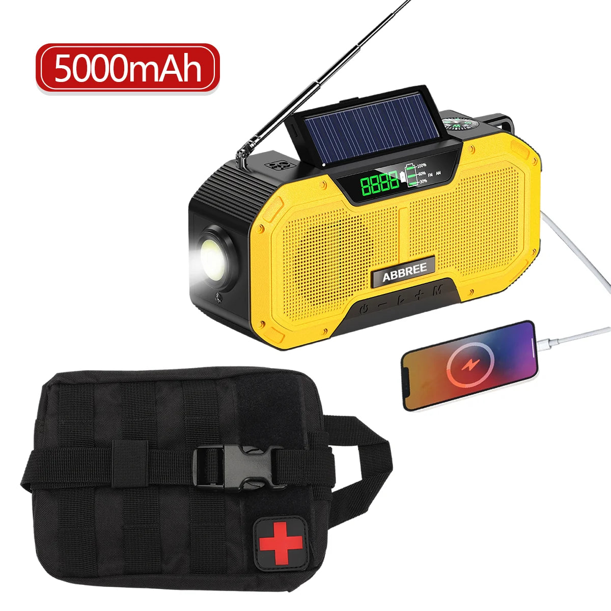 ABBREE Waterproof Emergency Radio Auto Scan AM/FM Charge by Solar Power Hand Crank USB Charger Power Bank for Cellphone