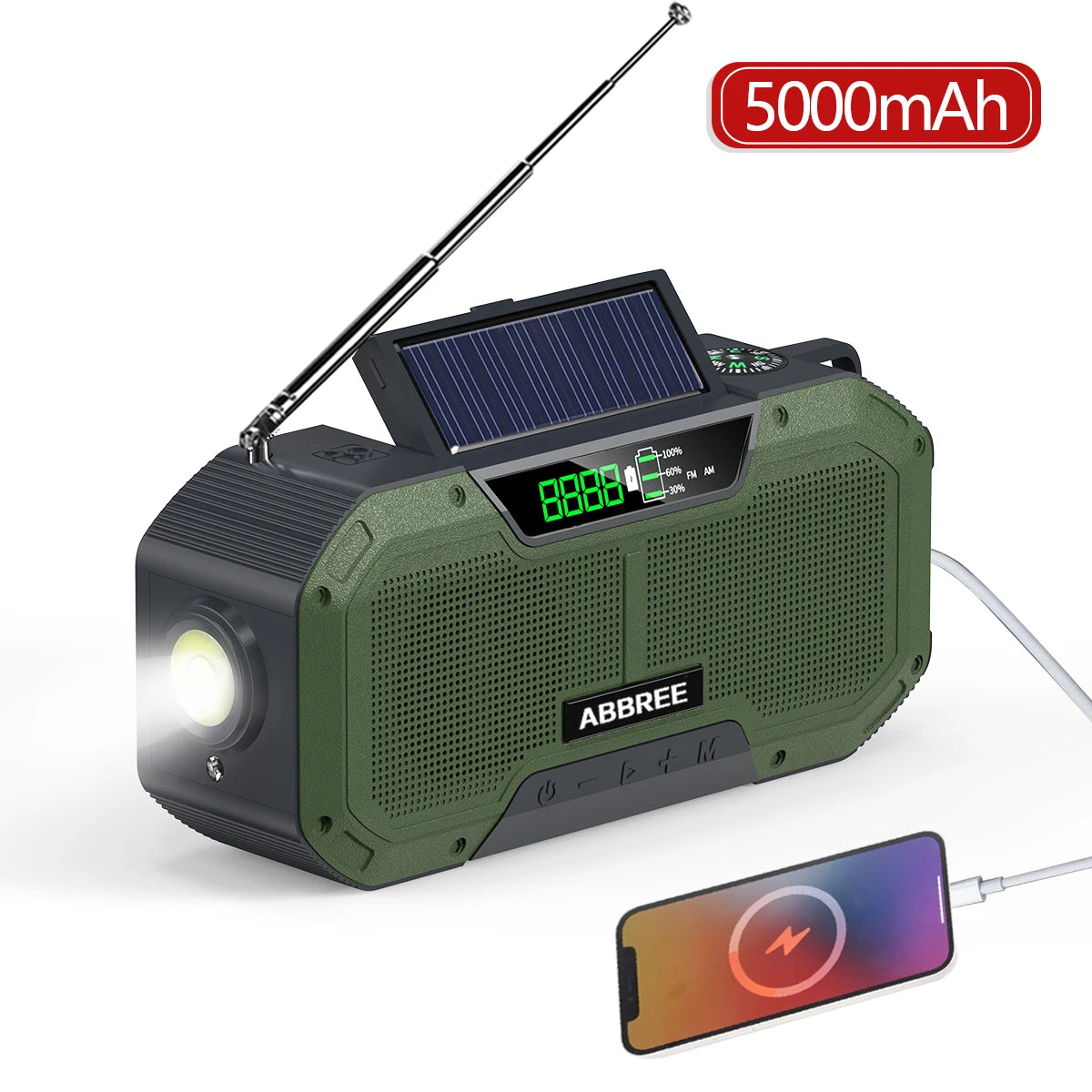 ABBREE Waterproof Emergency Radio Auto Scan AM/FM Charge by Solar Power Hand Crank USB Charger Power Bank for Cellphone