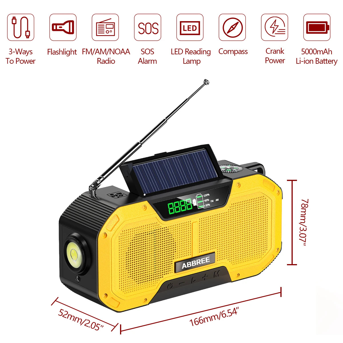 ABBREE Waterproof Emergency Radio Auto Scan AM/FM Charge by Solar Power Hand Crank USB Charger Power Bank for Cellphone