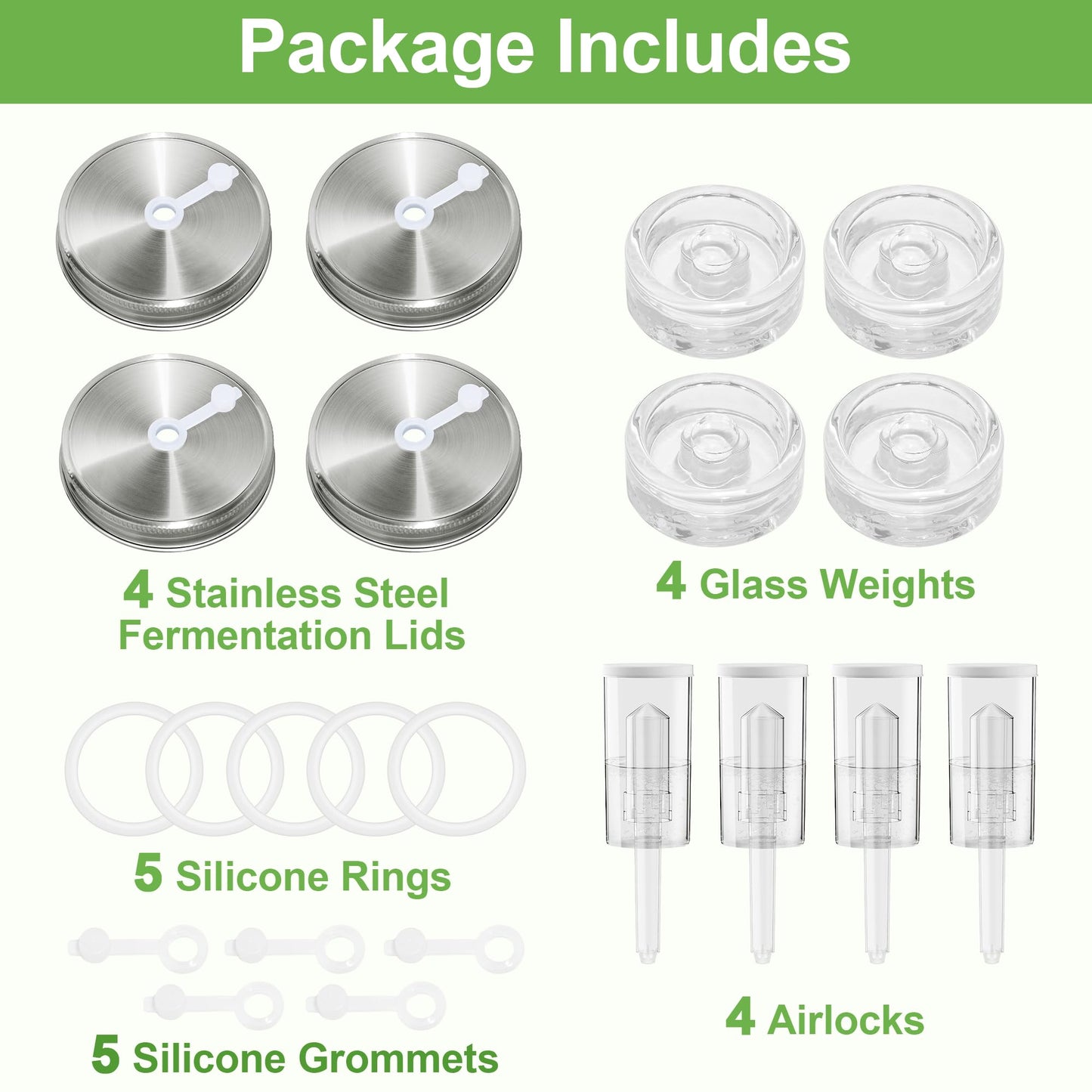 Fermentation Kit for Wide Mouth Mason fermentation Jar,pickling/sauerkraut kit with 4 Glass Fermentation Weights,4 Fermenting Lids,4 airlocks,5 Silicone Rings,5 Silicone Grommet ( Jars Not Included )