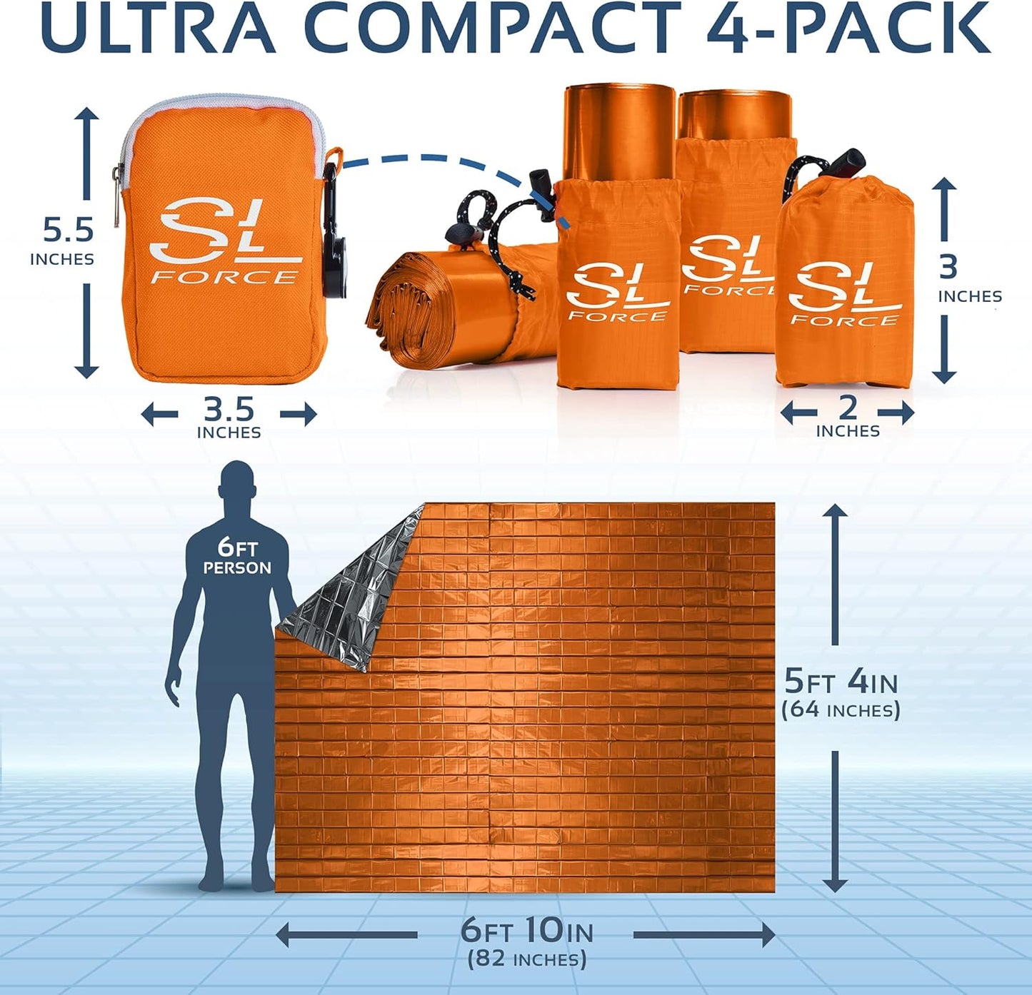 Emergency Blankets for Survival, 4 Pack of Gigantic Space Blanket. Comes with Four Extra-Large Mylar Blankets, Compass, and Zipper Bag. the Best Thermal Space Blankets (4, Orange, Extra Large)