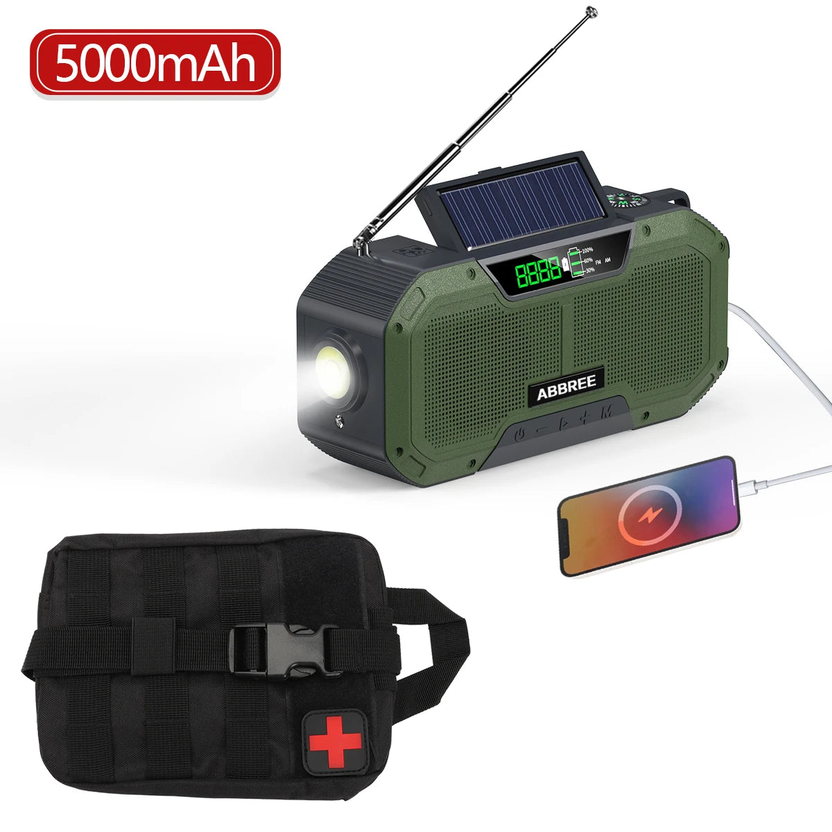 ABBREE Waterproof Emergency Radio Auto Scan AM/FM Charge by Solar Power Hand Crank USB Charger Power Bank for Cellphone