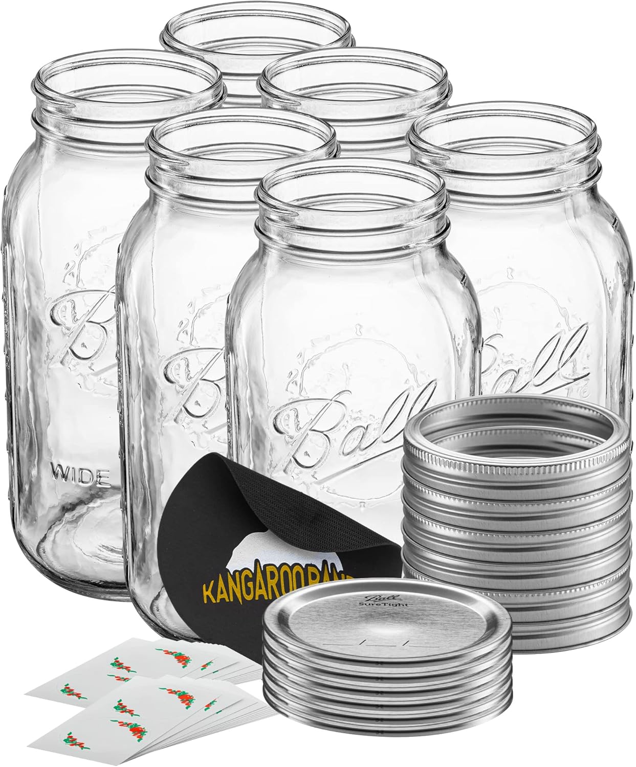 Wide Mouth 64 oz (half gallon) mason Jars with Lids and Bands (12-Pack) bundled With, KangarooBands Jar Opener, and Package Of Jar Labels | Canning, Fermenting, Pickling, DIY Decors Projects