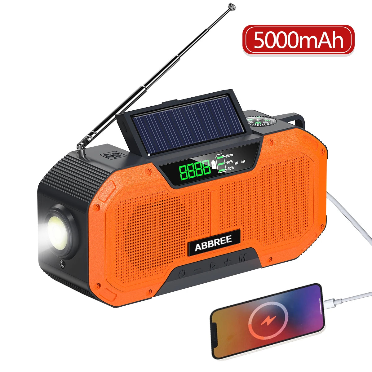 ABBREE Waterproof Emergency Radio Auto Scan AM/FM Charge by Solar Power Hand Crank USB Charger Power Bank for Cellphone