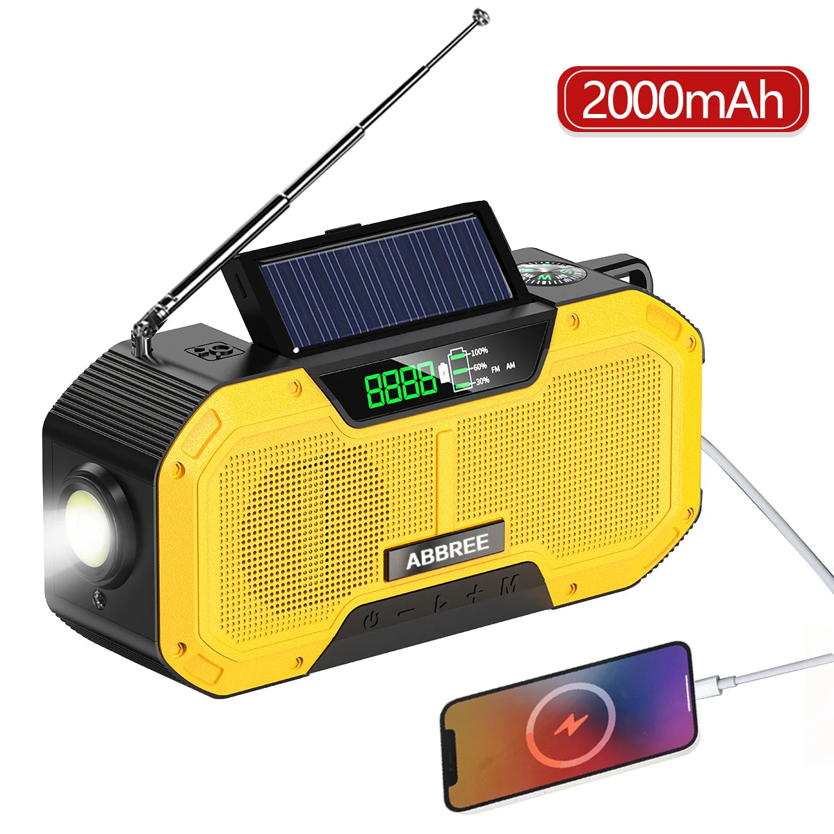 ABBREE Waterproof Emergency Radio Auto Scan AM/FM Charge by Solar Power Hand Crank USB Charger Power Bank for Cellphone