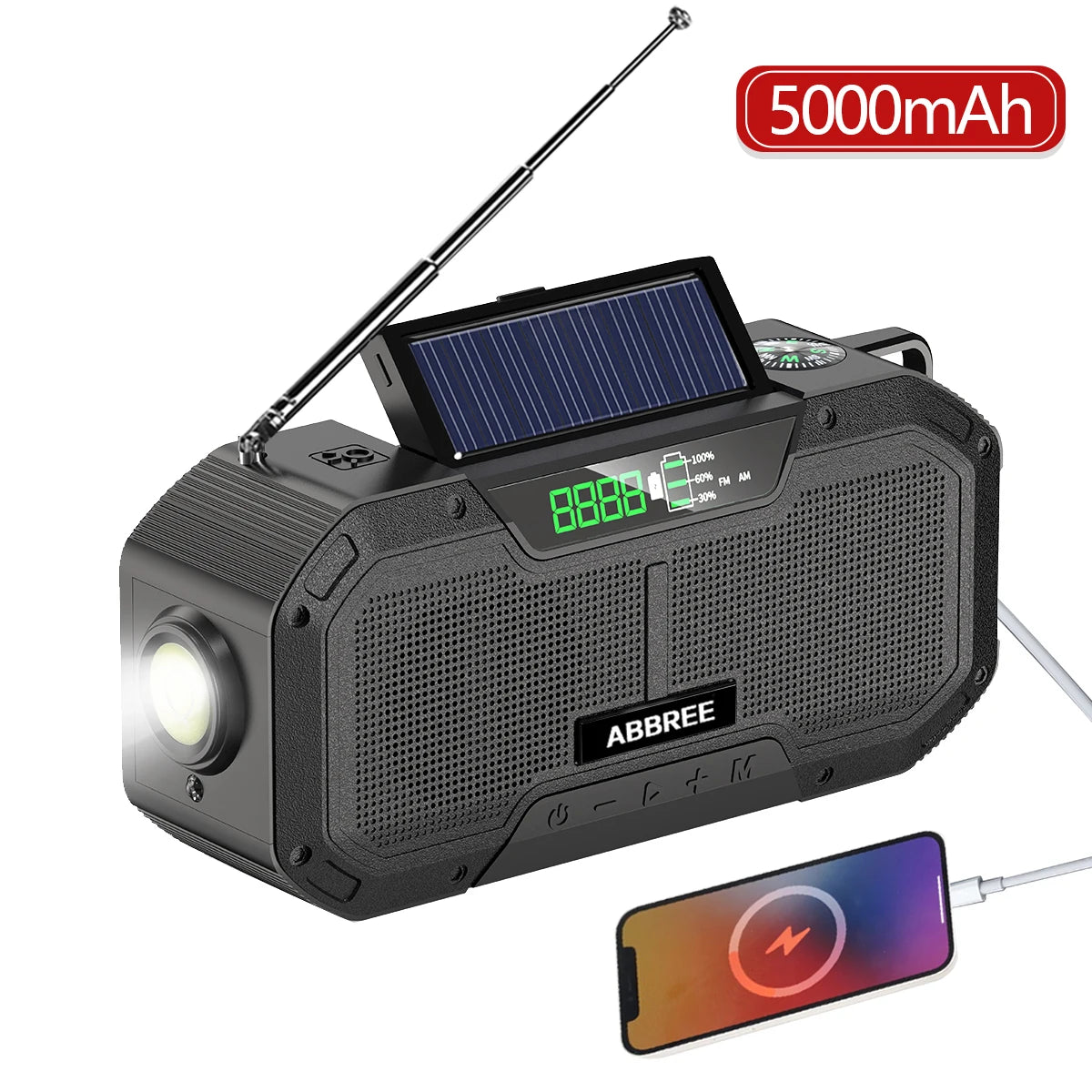 ABBREE Waterproof Emergency Radio Auto Scan AM/FM Charge by Solar Power Hand Crank USB Charger Power Bank for Cellphone