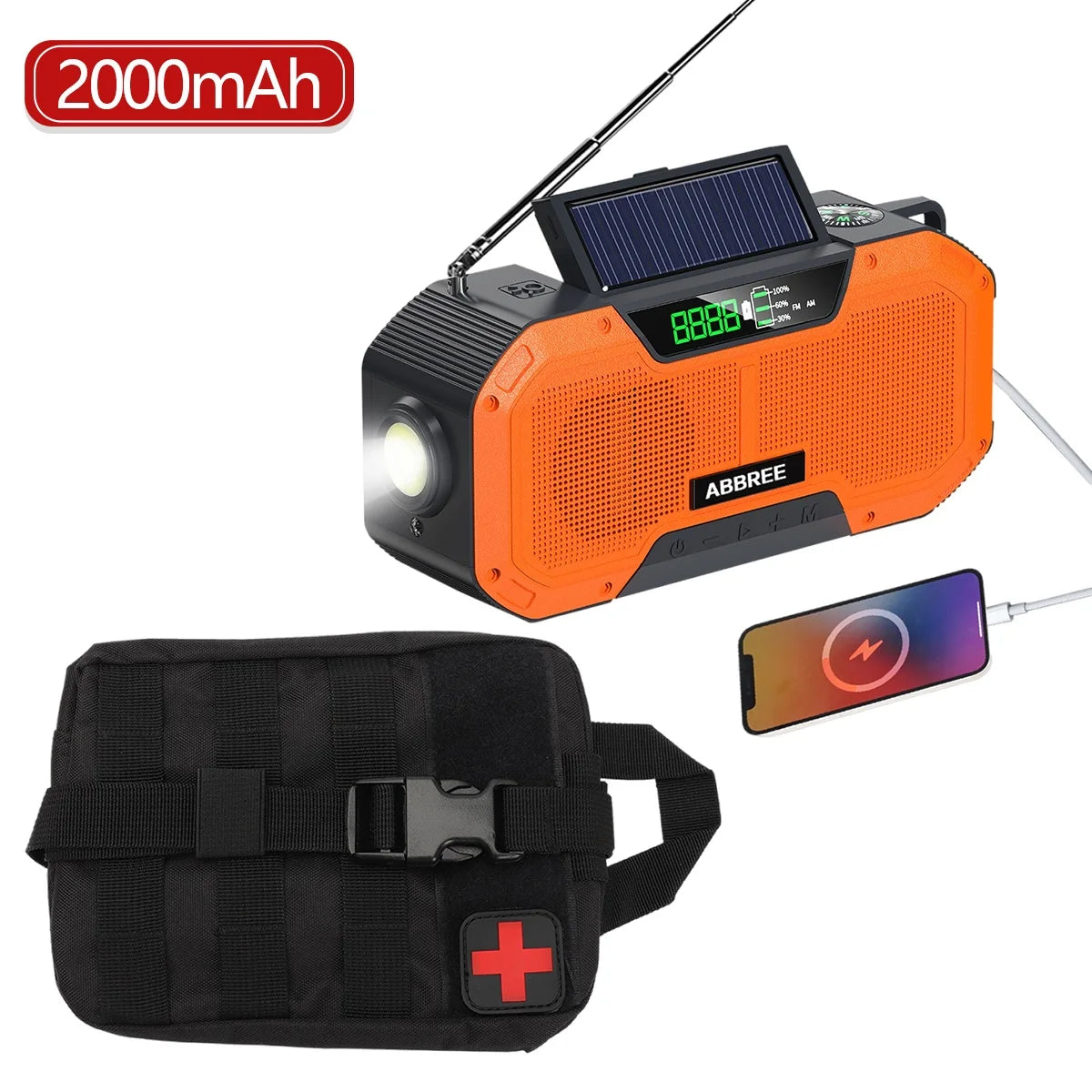 ABBREE Waterproof Emergency Radio Auto Scan AM/FM Charge by Solar Power Hand Crank USB Charger Power Bank for Cellphone