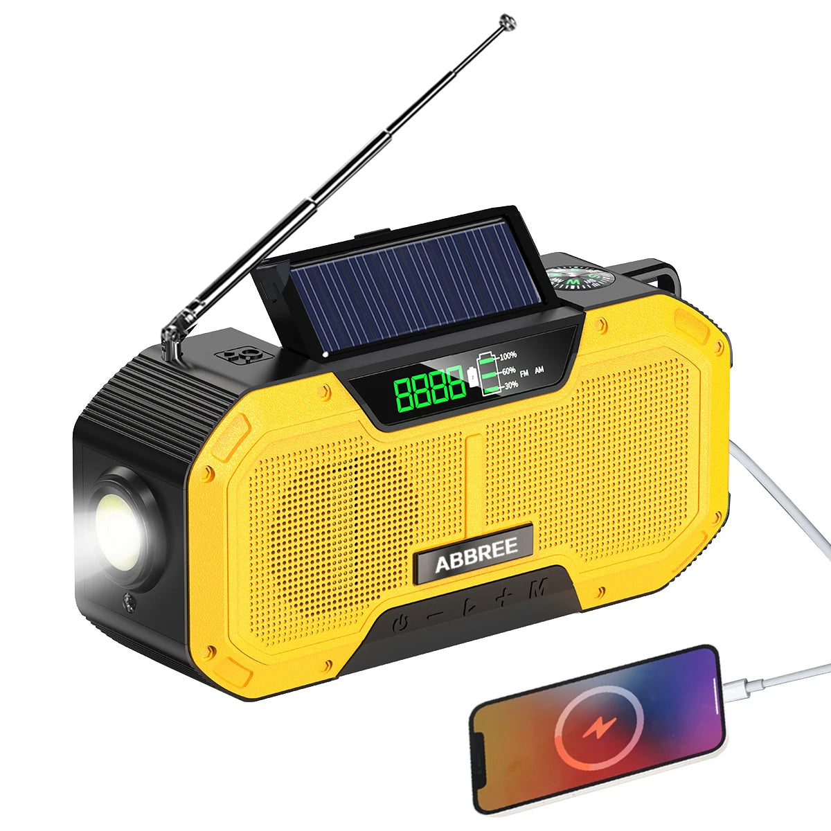 ABBREE Waterproof Emergency Radio Auto Scan AM/FM Charge by Solar Power Hand Crank USB Charger Power Bank for Cellphone