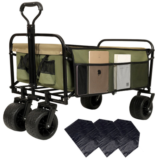440Lbs Collapsible Foldable Wagon Cart with Strapping System ,Beach Wagon Utility Cart Utility Wagon Grocery Cart for Camping Shopping Sports Gardening Fishing Supports 3Pcs Plastic Liner Bag