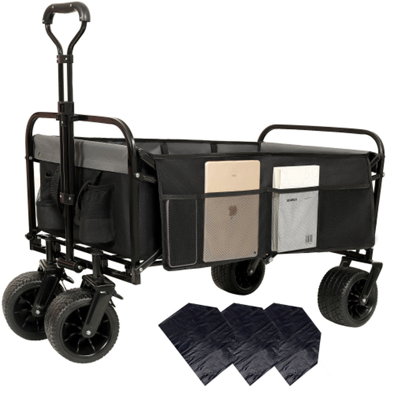 440Lbs Collapsible Foldable Wagon Cart with Strapping System ,Beach Wagon Utility Cart Utility Wagon Grocery Cart for Camping Shopping Sports Gardening Fishing Supports 3Pcs Plastic Liner Bag