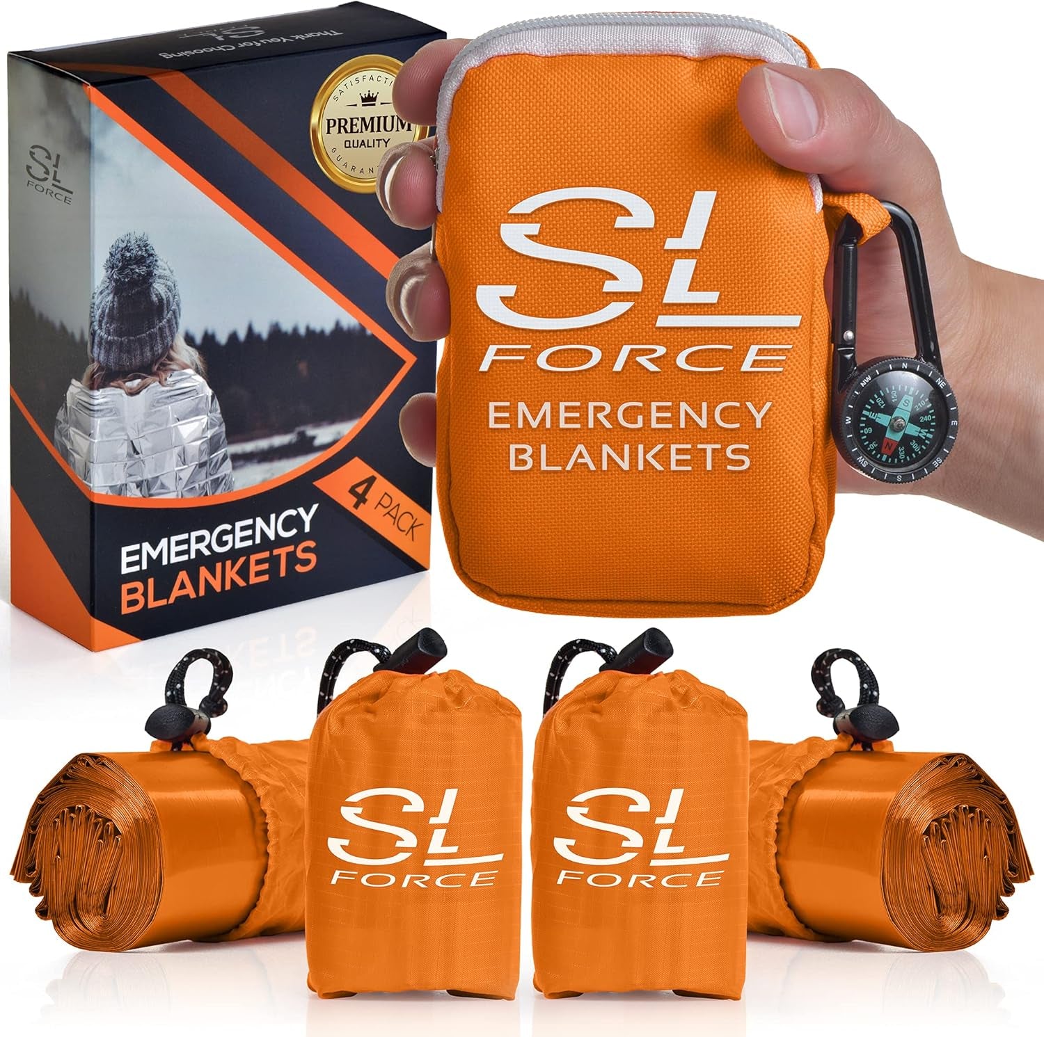 Emergency Blankets for Survival, 4 Pack of Gigantic Space Blanket. Comes with Four Extra-Large Mylar Blankets, Compass, and Zipper Bag. the Best Thermal Space Blankets (4, Orange, Extra Large)