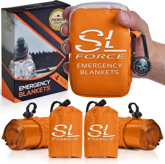 Emergency Blankets for Survival, 4 Pack of Gigantic Space Blanket. Comes with Four Extra-Large Mylar Blankets, Compass, and Zipper Bag. the Best Thermal Space Blankets (4, Orange, Extra Large)
