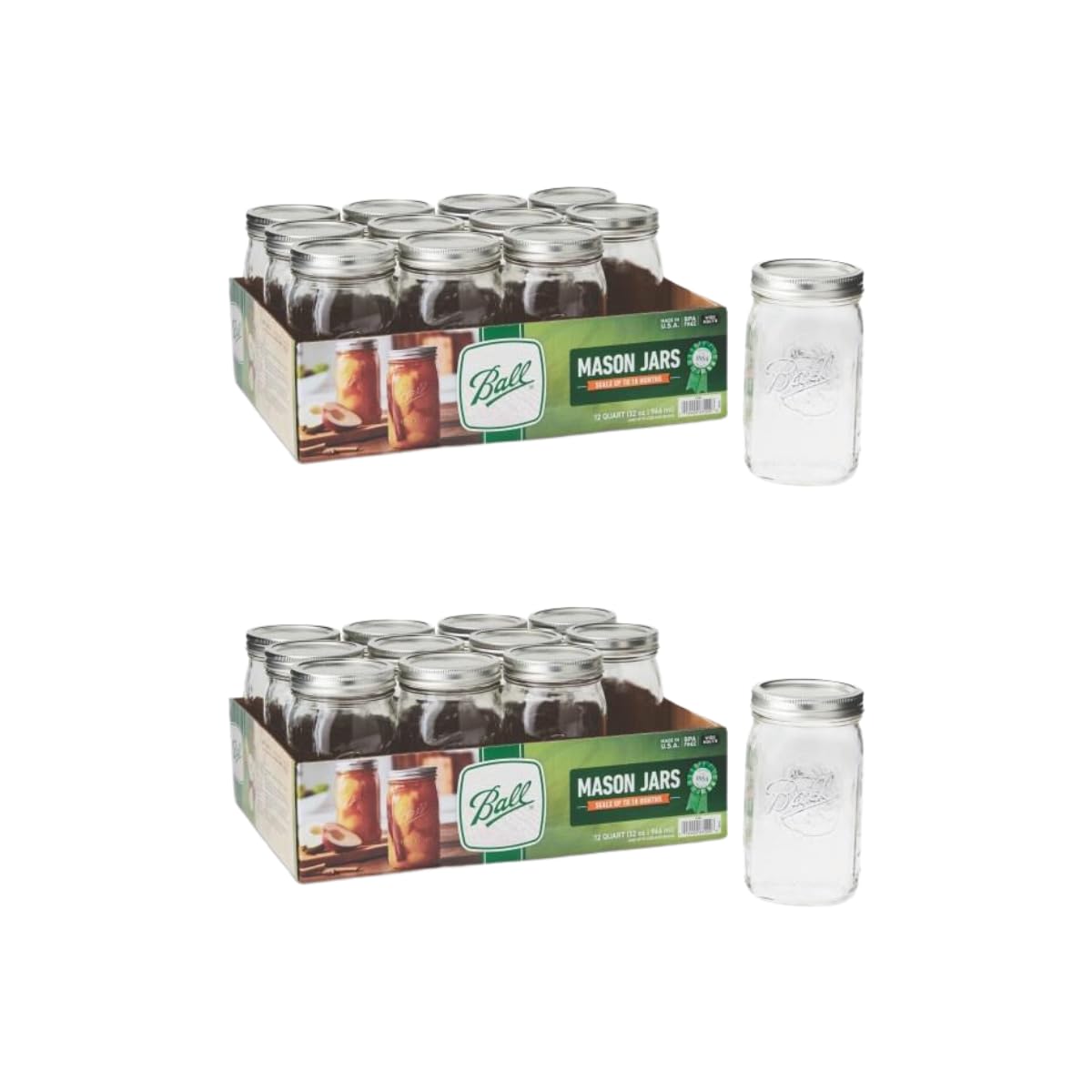 Ball Wide Mouth Glass Mason Jars with Lids and Bands, Used for Canning, Pickling, Juice, Jam, Jelly, Quart Size 32 Ounce (Pack of 2)