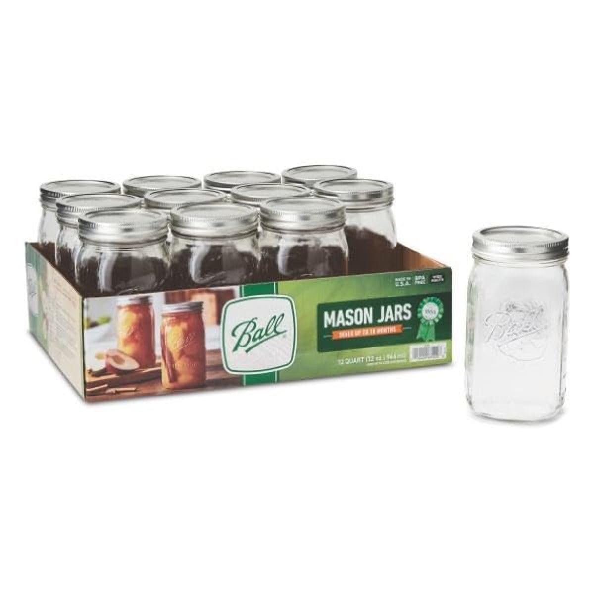 Ball Wide Mouth Glass Mason Jars with Lids and Bands, Used for Canning, Pickling, Juice, Jam, Jelly, Quart Size 32 Ounce (Pack of 2)