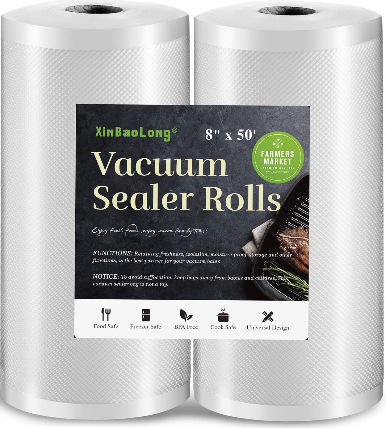 Vacuum Sealer Bags for Food，Seal a Meal Bags Rolls，8Inx50 Rolls 2 Pack，，Commercial Grade, Heavy Duty, BPA Free,Great for Vac Storage.Total 100 Feet!!!
