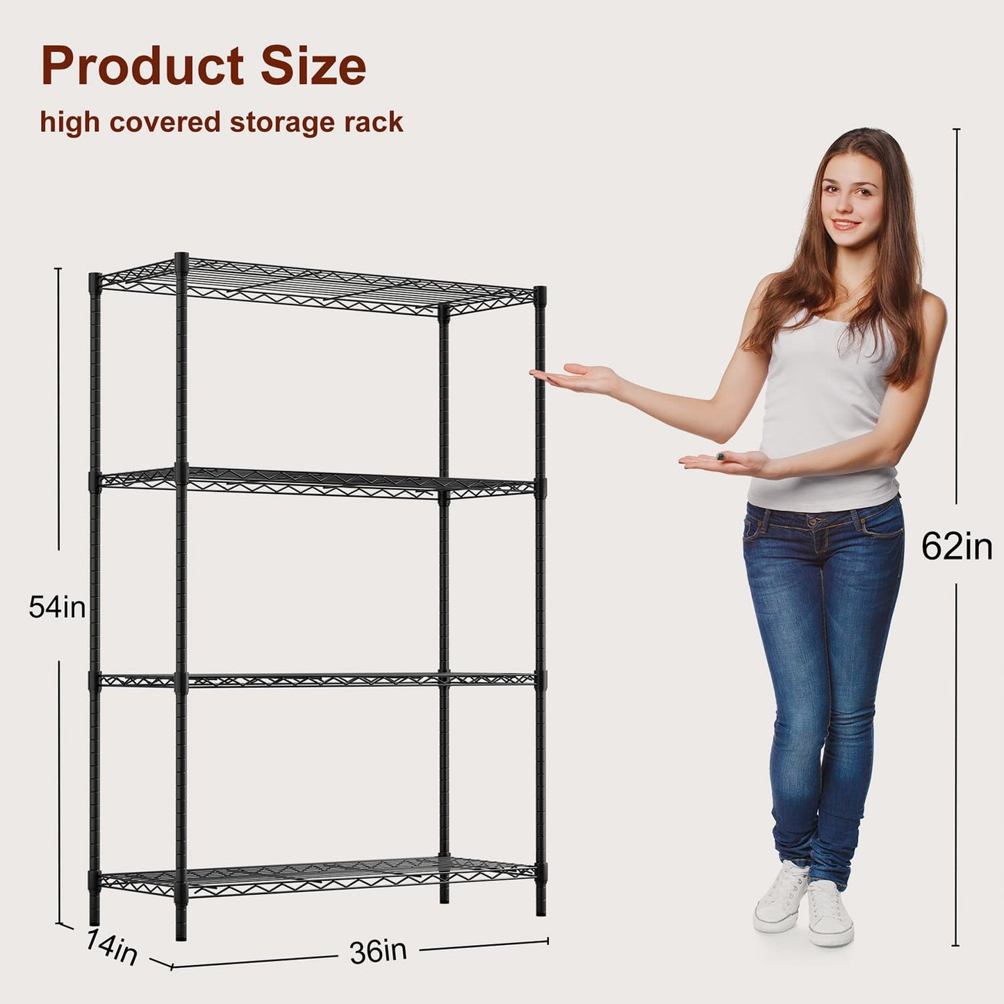 BestOffice | 4-Tier Wire Storage Shelves | 36x14x54 | Black | with Adjustable Racks | Heavy-Duty Metal Shelf, Holds Upto 1000 lbs | No-Tool Assembly | Ideal for Home & Garage Shelving