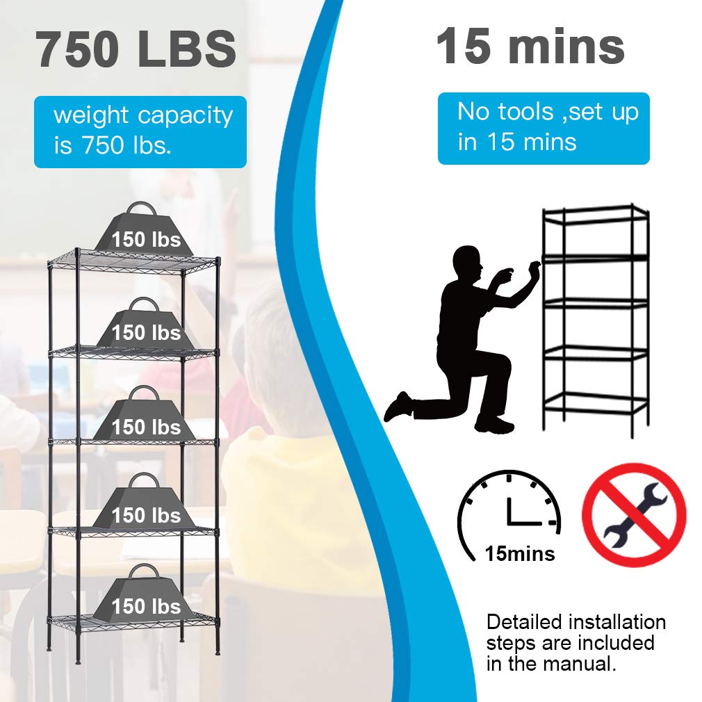 BestOffice | 4-Tier Wire Storage Shelves | 36x14x54 | Black | with Adjustable Racks | Heavy-Duty Metal Shelf, Holds Upto 1000 lbs | No-Tool Assembly | Ideal for Home & Garage Shelving