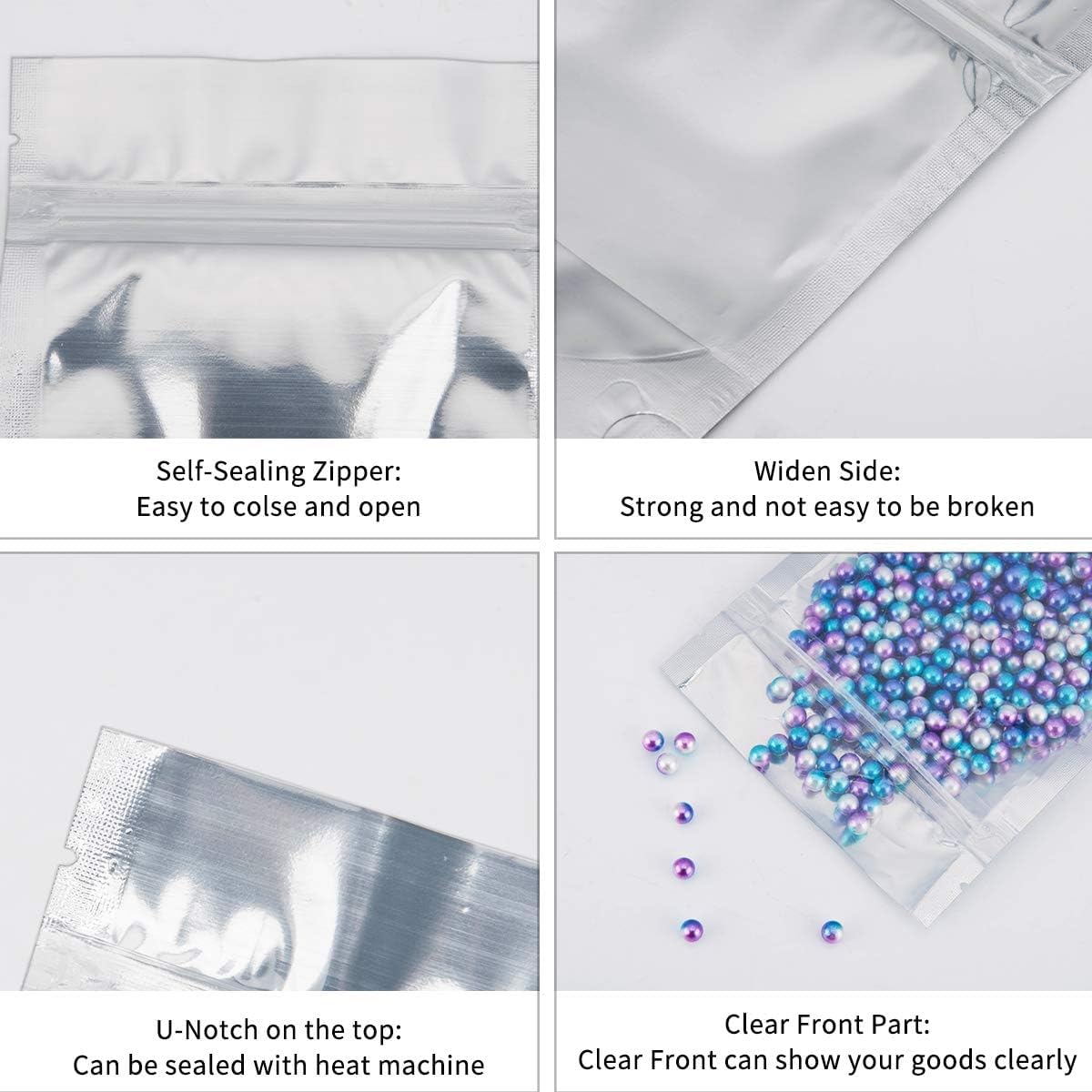200 Pack 5x8 Mylar Bags with Window Stand Up Bgas 7.5mil Thick for Food Storage and Resealable for Small Business Packaging Bag