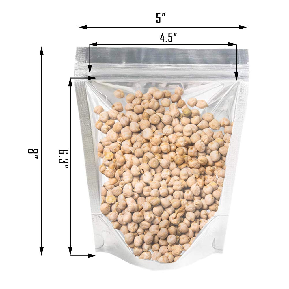 200 Pack 5x8 Mylar Bags with Window Stand Up Bgas 7.5mil Thick for Food Storage and Resealable for Small Business Packaging Bag