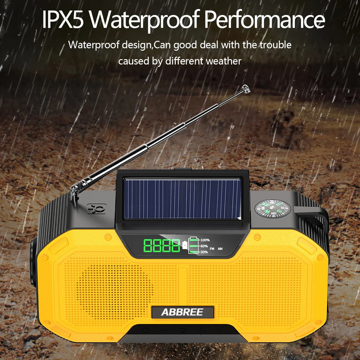 ABBREE Waterproof Emergency Radio Auto Scan AM/FM Charge by Solar Power Hand Crank USB Charger Power Bank for Cellphone