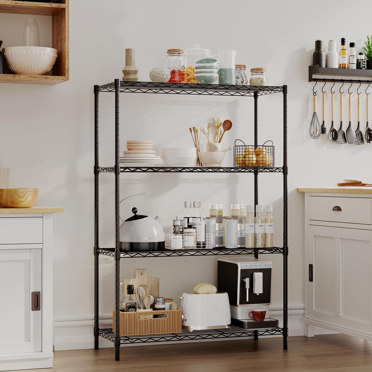 BestOffice | 4-Tier Wire Storage Shelves | 36x14x54 | Black | with Adjustable Racks | Heavy-Duty Metal Shelf, Holds Upto 1000 lbs | No-Tool Assembly | Ideal for Home & Garage Shelving