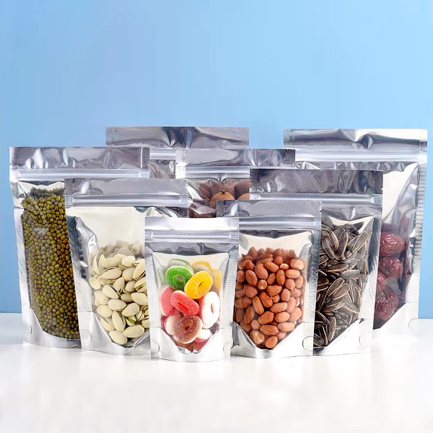 200 Pack 5x8 Mylar Bags with Window Stand Up Bgas 7.5mil Thick for Food Storage and Resealable for Small Business Packaging Bag