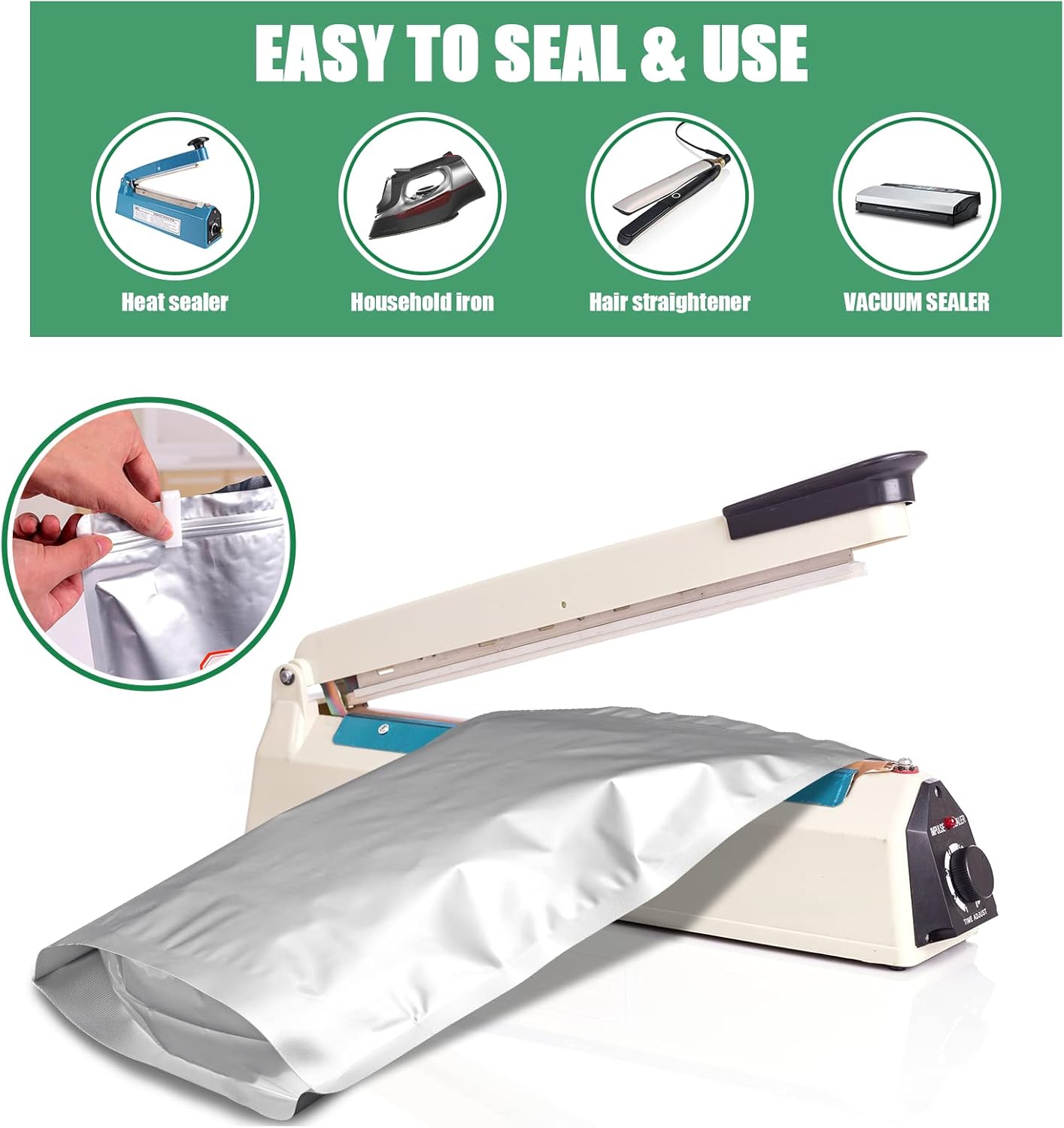 120 Mylar Bags for Food Storage with Oxygen Absorbers 120 x 300cc, Mylar Bags 9 Mil 1 Gallon, 1 Quart, 1/2 Pint, 40 Oz, Stand-Up Zipper Resealable Bags & Heat Sealable Food Storage Bags + Labels