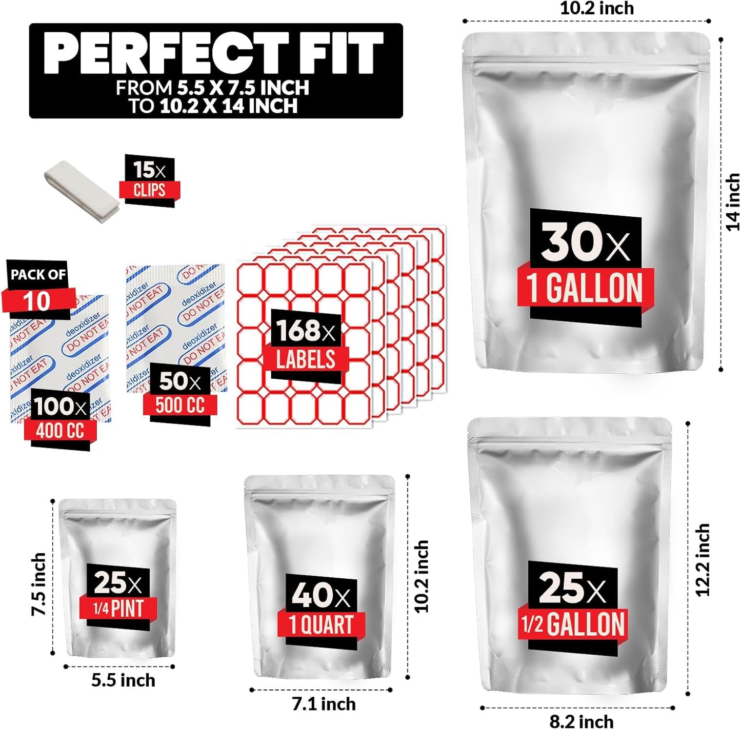 120 Mylar Bags with 150 Oxygen Absorbers-168 Labels & Stand-Up Reusable 4 Sizes Airtight Smell Proof Resealable Bags with 15 Clips-11 MIL Food Storage Large Mylar Bags