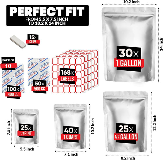 120 Mylar Bags with 150 Oxygen Absorbers-168 Labels & Stand-Up Reusable 4 Sizes Airtight Smell Proof Resealable Bags with 15 Clips-11 MIL Food Storage Large Mylar Bags