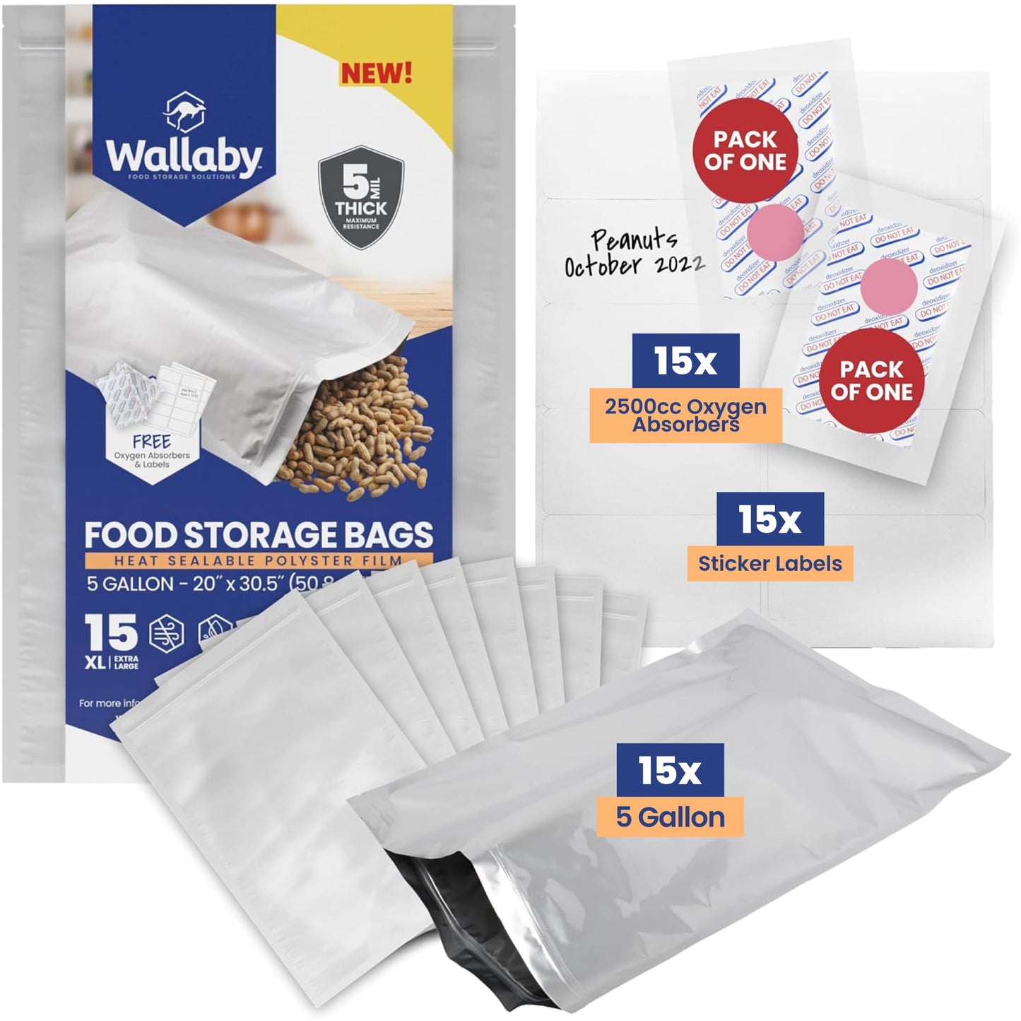 Wallaby 15 Count 5-Gallon Mylar Bags with 2500cc Oxygen Absorbers, 10 Mil Total Thickness Long-Term Food Storage Pouches, 20x30 Resealable Zipper Heat-Sealable Airtight Packaging - Silver