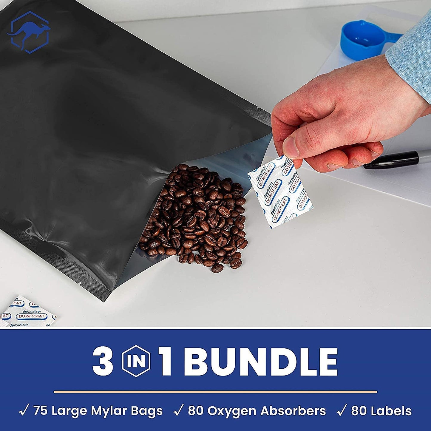 Wallaby 15 Count 5-Gallon Mylar Bags with 2500cc Oxygen Absorbers, 10 Mil Total Thickness Long-Term Food Storage Pouches, 20x30 Resealable Zipper Heat-Sealable Airtight Packaging - Silver