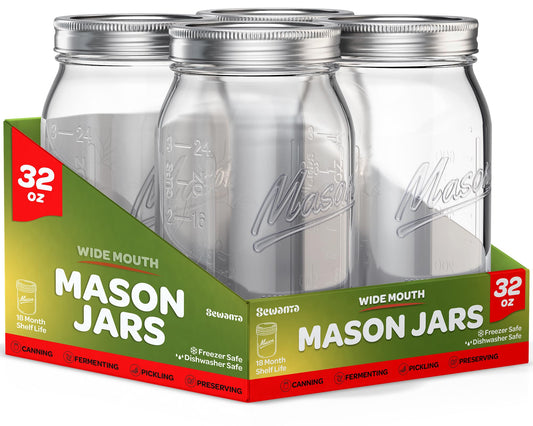 Wide Mouth Mason Jars 32 oz [4 Pack] With Mason Jar Lids and Bands, Mason Jars 32 oz - For Canning, Fermenting, Pickling - Jar Decor - Microwave/Freeze/Dishwasher Safe.