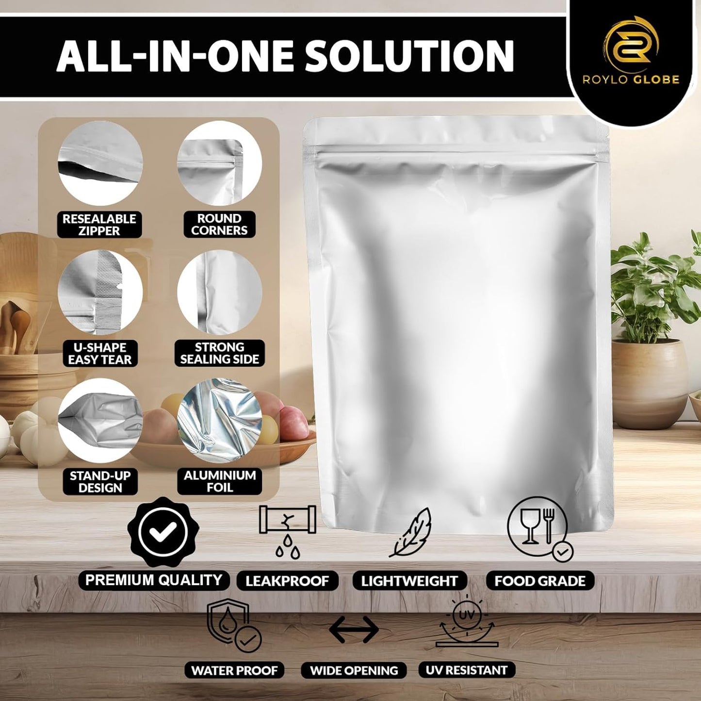 120 Mylar Bags with 150 Oxygen Absorbers-168 Labels & Stand-Up Reusable 4 Sizes Airtight Smell Proof Resealable Bags with 15 Clips-11 MIL Food Storage Large Mylar Bags