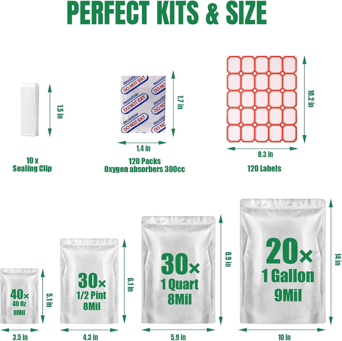 120 Mylar Bags for Food Storage with Oxygen Absorbers 120 x 300cc, Mylar Bags 9 Mil 1 Gallon, 1 Quart, 1/2 Pint, 40 Oz, Stand-Up Zipper Resealable Bags & Heat Sealable Food Storage Bags + Labels