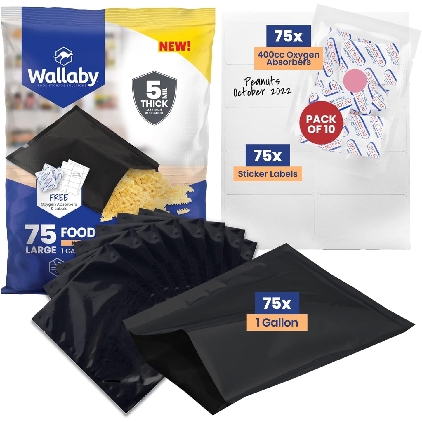 Wallaby 15 Count 5-Gallon Mylar Bags with 2500cc Oxygen Absorbers, 10 Mil Total Thickness Long-Term Food Storage Pouches, 20x30 Resealable Zipper Heat-Sealable Airtight Packaging - Silver