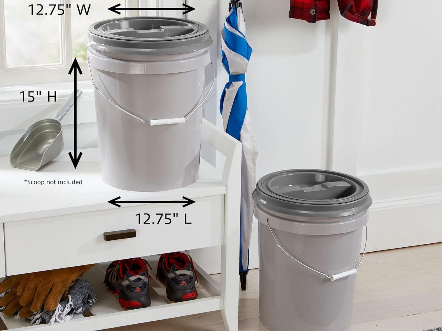 Mighty Tuff 5 Gallon / 21 Pound Pet Food Storage Container, Pack of 2 with Metal Handle and Airtight Lid to Lock in Freshness, Light Grey Base & Dark Grey Lid