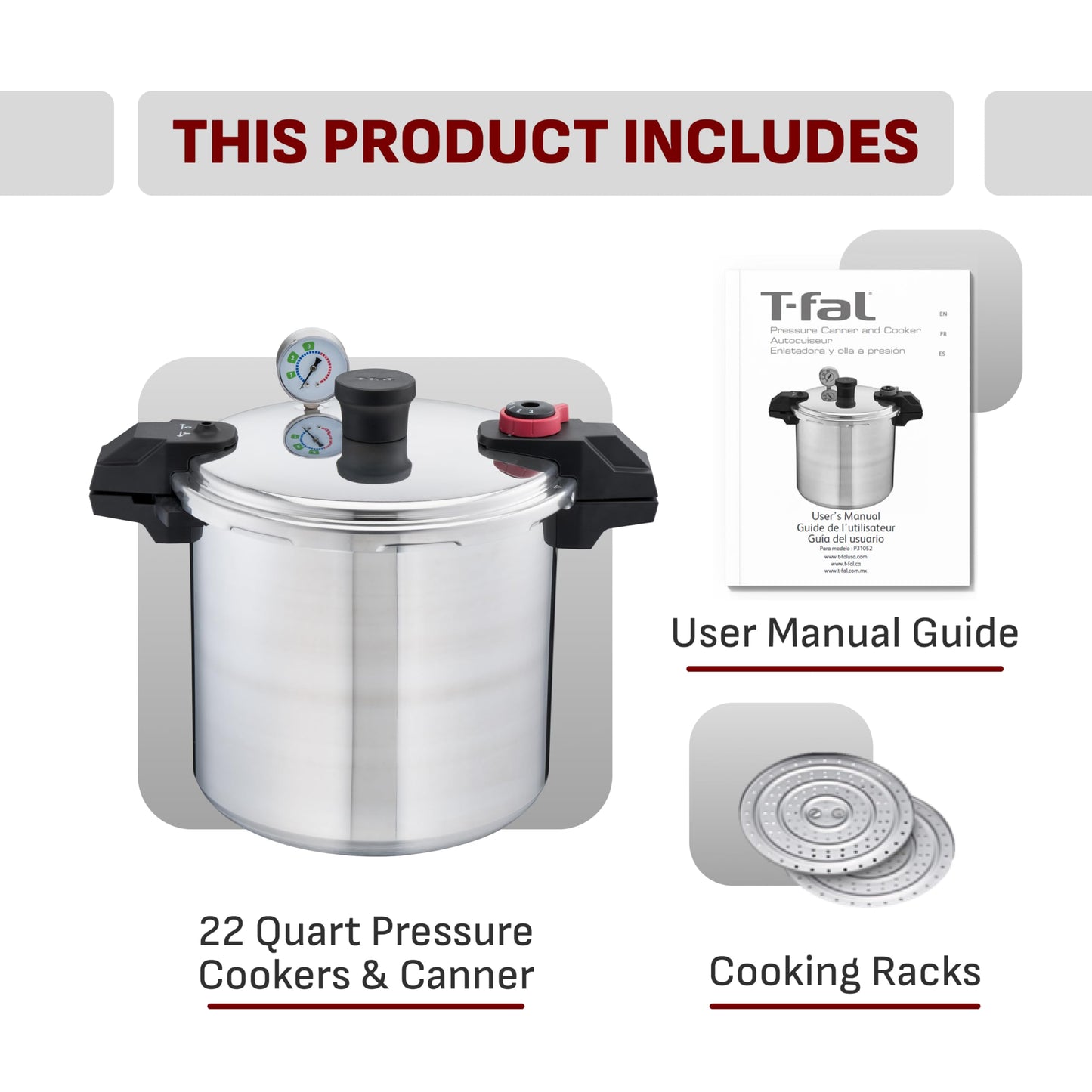 T-fal Pressure Cooker Aluminum Pressure Canner, 22 Quart, 3 PSI Settings, Cookware, Pots and Pans, Large Capacity, Cooling Racks, Recipe Booket, Canning Vegetables, Meats, Poultry, Seafood, Silver