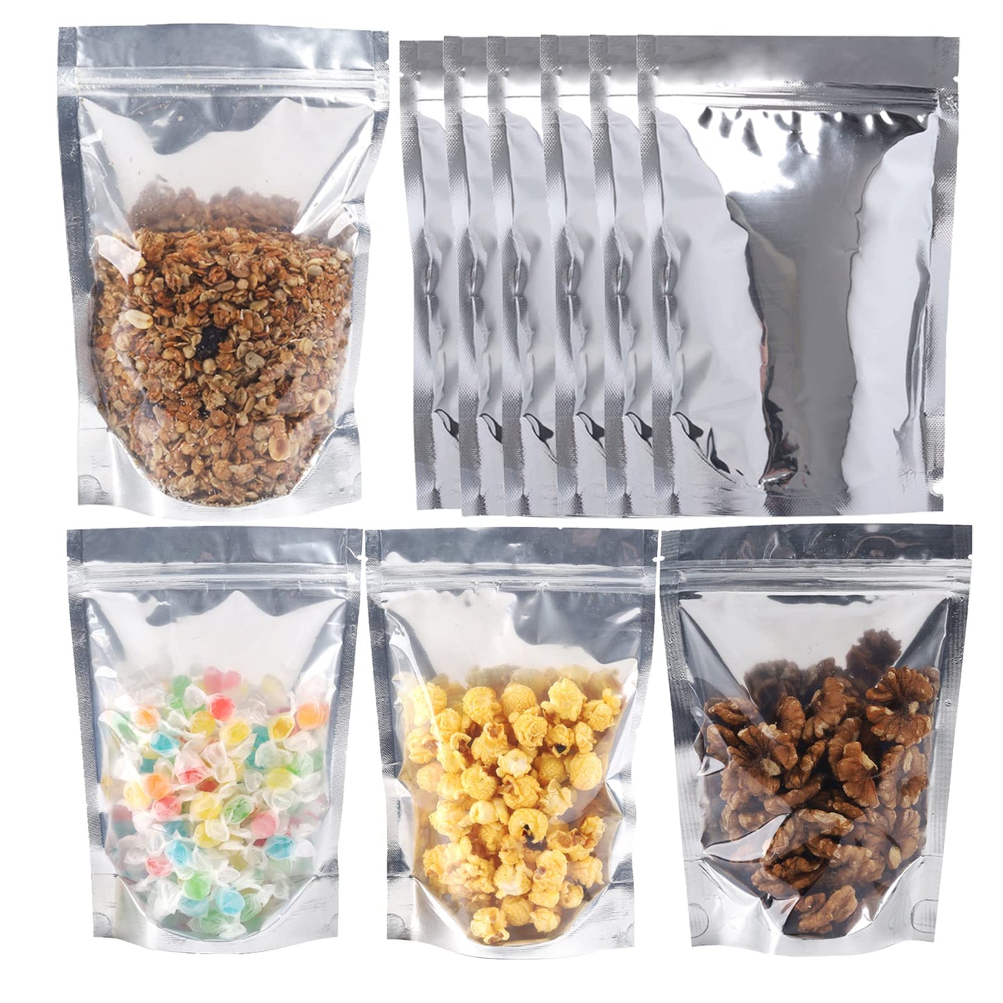 200 Pack 5x8 Mylar Bags with Window Stand Up Bgas 7.5mil Thick for Food Storage and Resealable for Small Business Packaging Bag