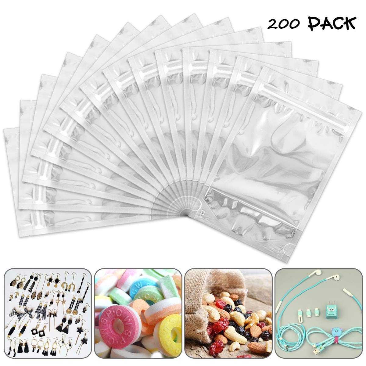 200 Pack 5x8 Mylar Bags with Window Stand Up Bgas 7.5mil Thick for Food Storage and Resealable for Small Business Packaging Bag