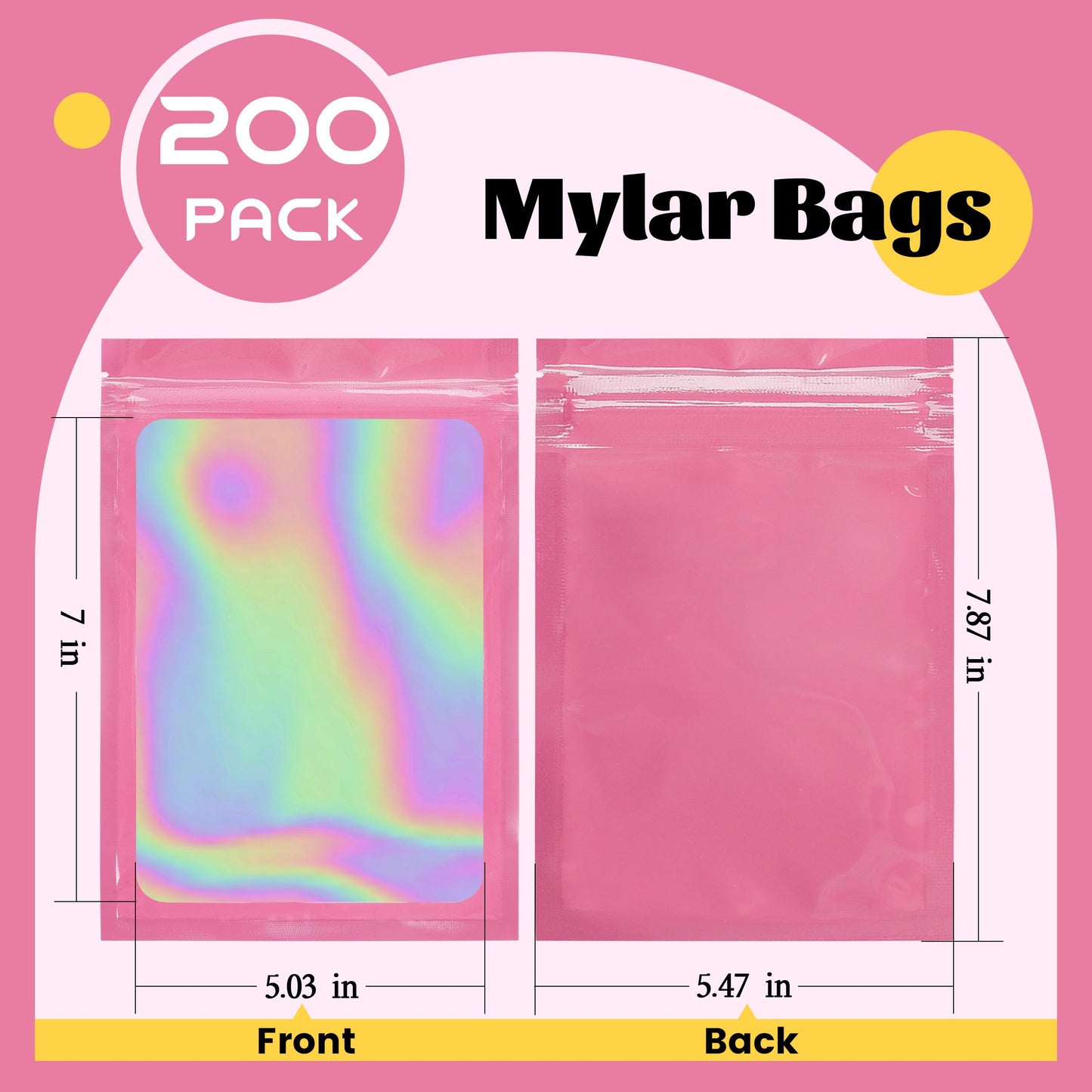200 Pack 5x8 Mylar Bags with Window Stand Up Bgas 7.5mil Thick for Food Storage and Resealable for Small Business Packaging Bag