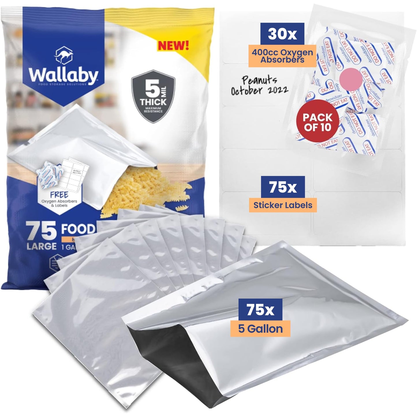 Wallaby 15 Count 5-Gallon Mylar Bags with 2500cc Oxygen Absorbers, 10 Mil Total Thickness Long-Term Food Storage Pouches, 20x30 Resealable Zipper Heat-Sealable Airtight Packaging - Silver