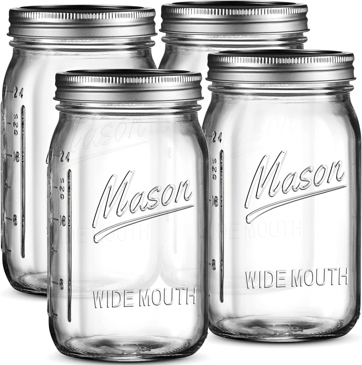 Wide Mouth Mason Jars 32 oz [4 Pack] With Mason Jar Lids and Bands, Mason Jars 32 oz - For Canning, Fermenting, Pickling - Jar Decor - Microwave/Freeze/Dishwasher Safe.