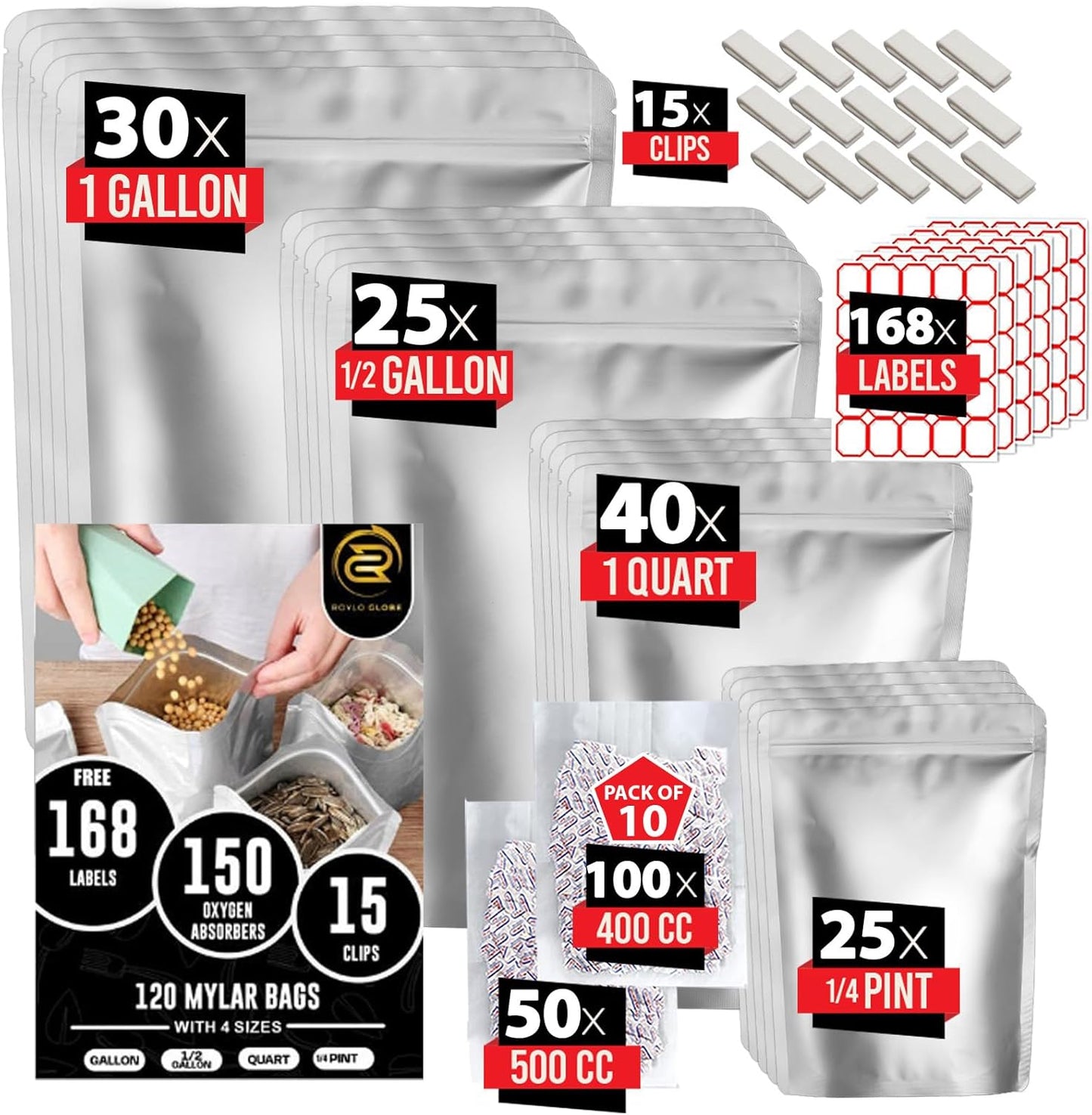120 Mylar Bags with 150 Oxygen Absorbers-168 Labels & Stand-Up Reusable 4 Sizes Airtight Smell Proof Resealable Bags with 15 Clips-11 MIL Food Storage Large Mylar Bags