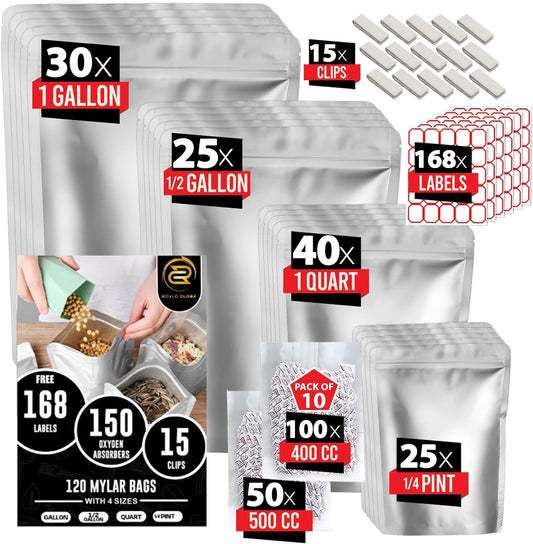 120 Mylar Bags with 150 Oxygen Absorbers-168 Labels & Stand-Up Reusable 4 Sizes Airtight Smell Proof Resealable Bags with 15 Clips-11 MIL Food Storage Large Mylar Bags