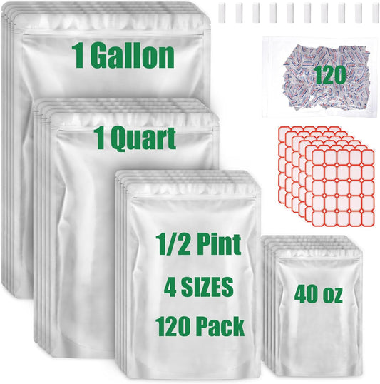 120 Mylar Bags for Food Storage with Oxygen Absorbers 120 x 300cc, Mylar Bags 9 Mil 1 Gallon, 1 Quart, 1/2 Pint, 40 Oz, Stand-Up Zipper Resealable Bags & Heat Sealable Food Storage Bags + Labels