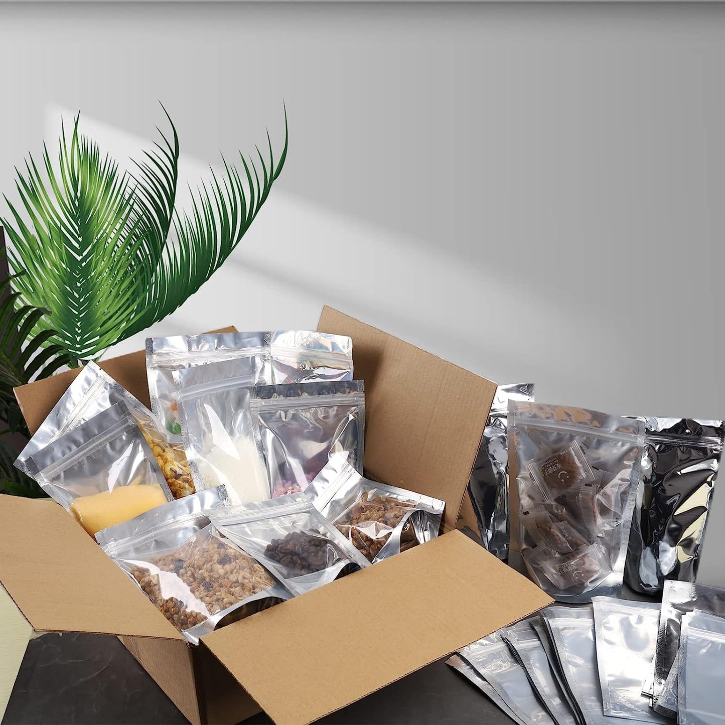 200 Pack 5x8 Mylar Bags with Window Stand Up Bgas 7.5mil Thick for Food Storage and Resealable for Small Business Packaging Bag