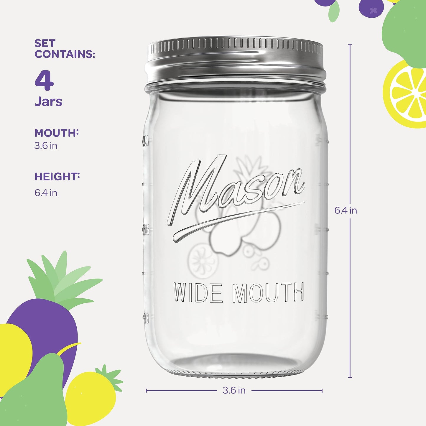 Wide Mouth Mason Jars 32 oz [4 Pack] With Mason Jar Lids and Bands, Mason Jars 32 oz - For Canning, Fermenting, Pickling - Jar Decor - Microwave/Freeze/Dishwasher Safe.