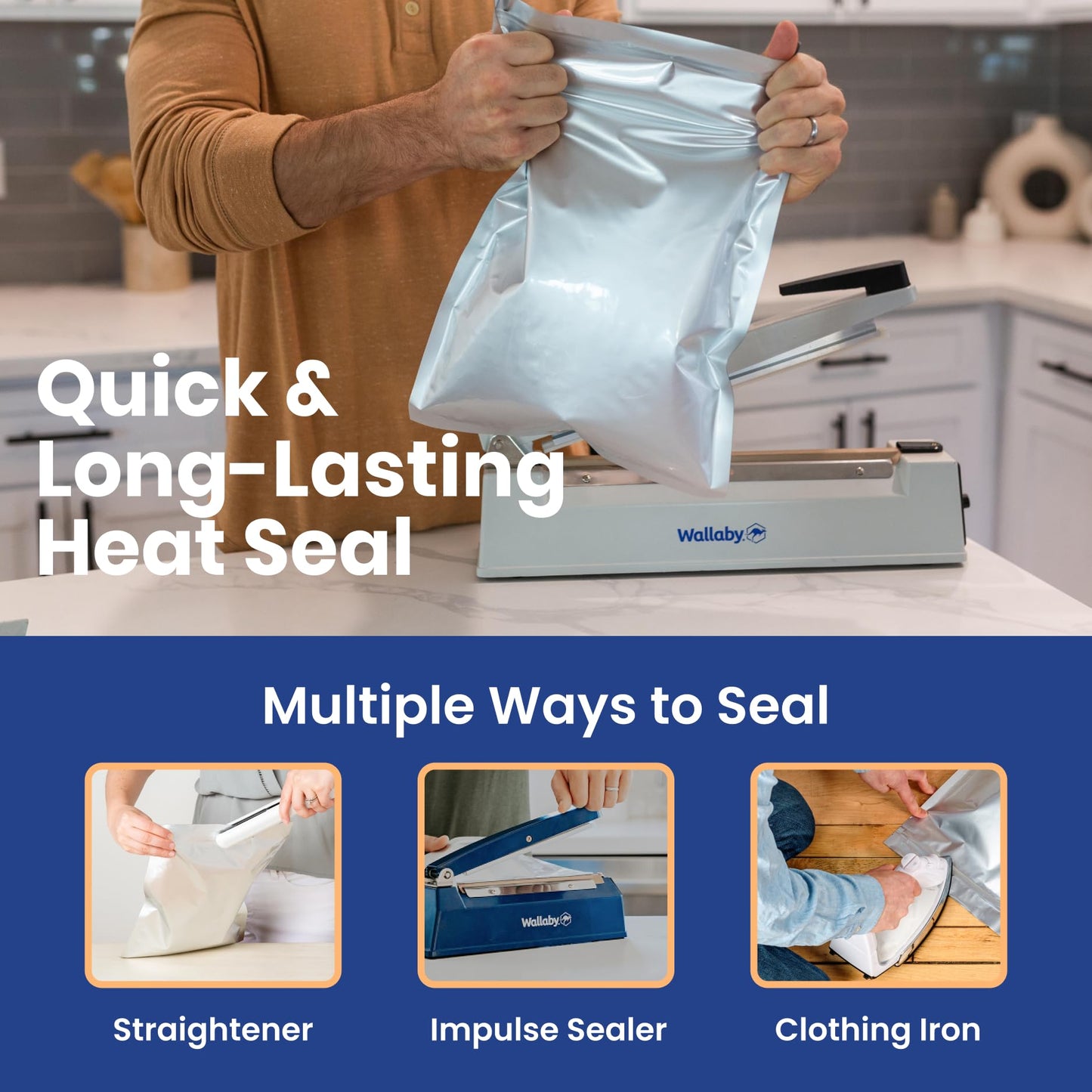 Wallaby 15 Count 5-Gallon Mylar Bags with 2500cc Oxygen Absorbers, 10 Mil Total Thickness Long-Term Food Storage Pouches, 20x30 Resealable Zipper Heat-Sealable Airtight Packaging - Silver