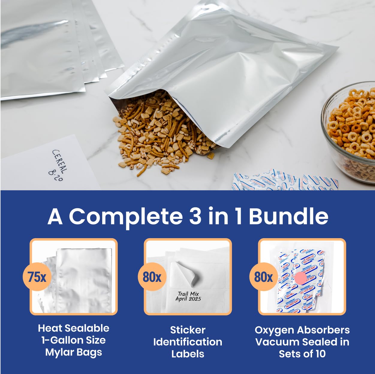 Wallaby 15 Count 5-Gallon Mylar Bags with 2500cc Oxygen Absorbers, 10 Mil Total Thickness Long-Term Food Storage Pouches, 20x30 Resealable Zipper Heat-Sealable Airtight Packaging - Silver