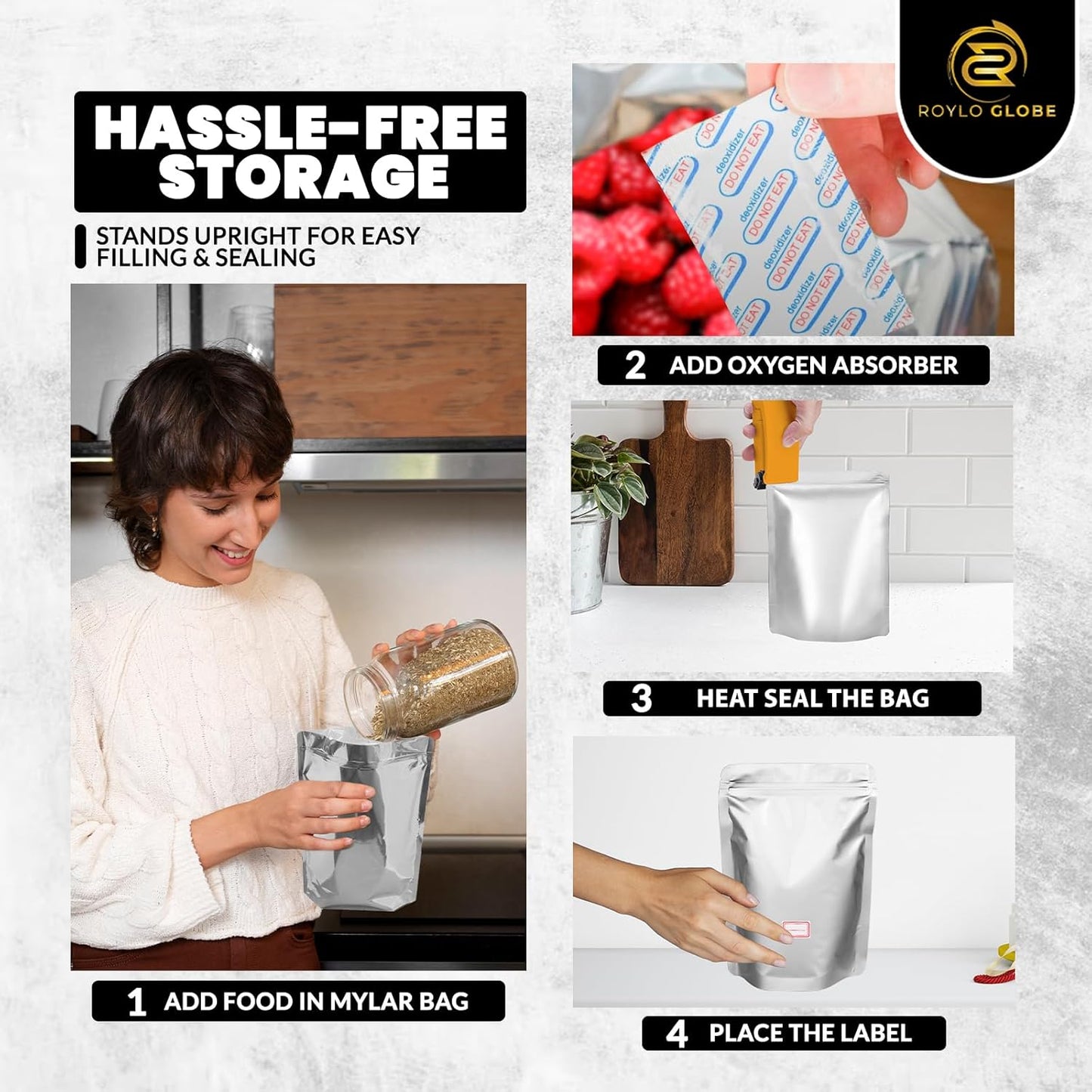 120 Mylar Bags with 150 Oxygen Absorbers-168 Labels & Stand-Up Reusable 4 Sizes Airtight Smell Proof Resealable Bags with 15 Clips-11 MIL Food Storage Large Mylar Bags